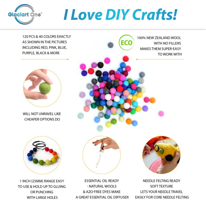Glaciart One Felt Pom Poms, Wool Balls (120 Pieces) 2.5cm â€“ 1 Inch, Handmade Felted 40 Color (Red, Pink, Blue, Yellow, Gray, Black, White, Pastel and More) Bulk Small Puff for Felting and Garland - Image 2